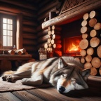Wolf schläft am Kamin / Wolf sleeps by the fireplace